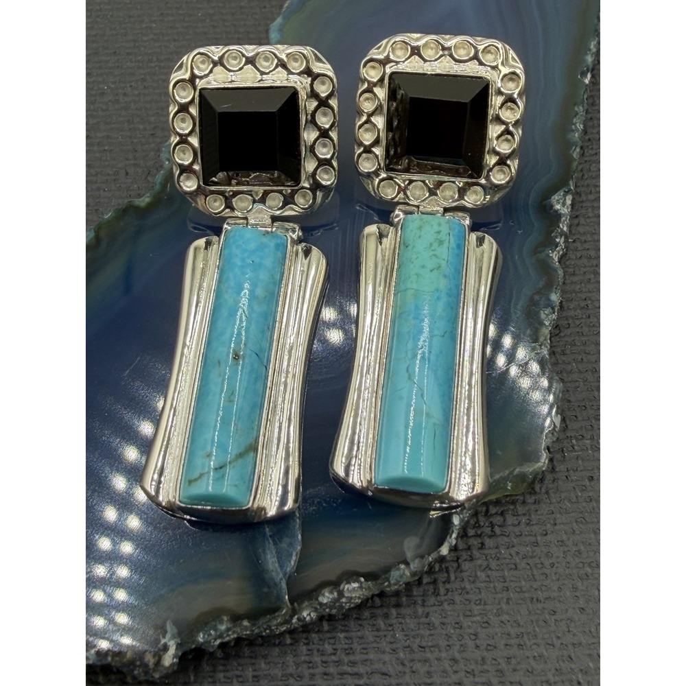 Sterling Silver Turquoise Smoky Topaz Dangle Earrings Southwestern Statement 925 - Picture 7 of 14